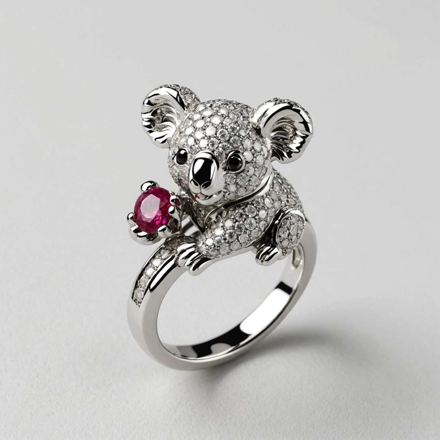 A Koala Ring Diamond Ruby 18K White Gold