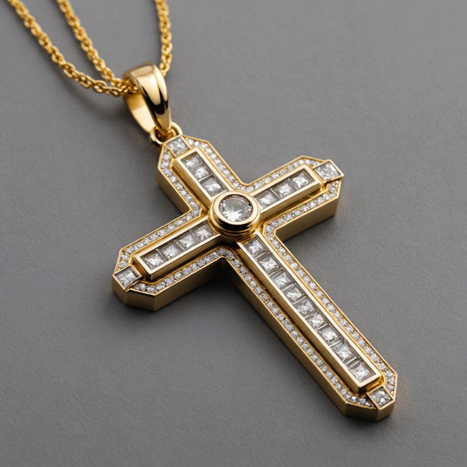 Cross Pendant Diamond 18K Gold Deco Style