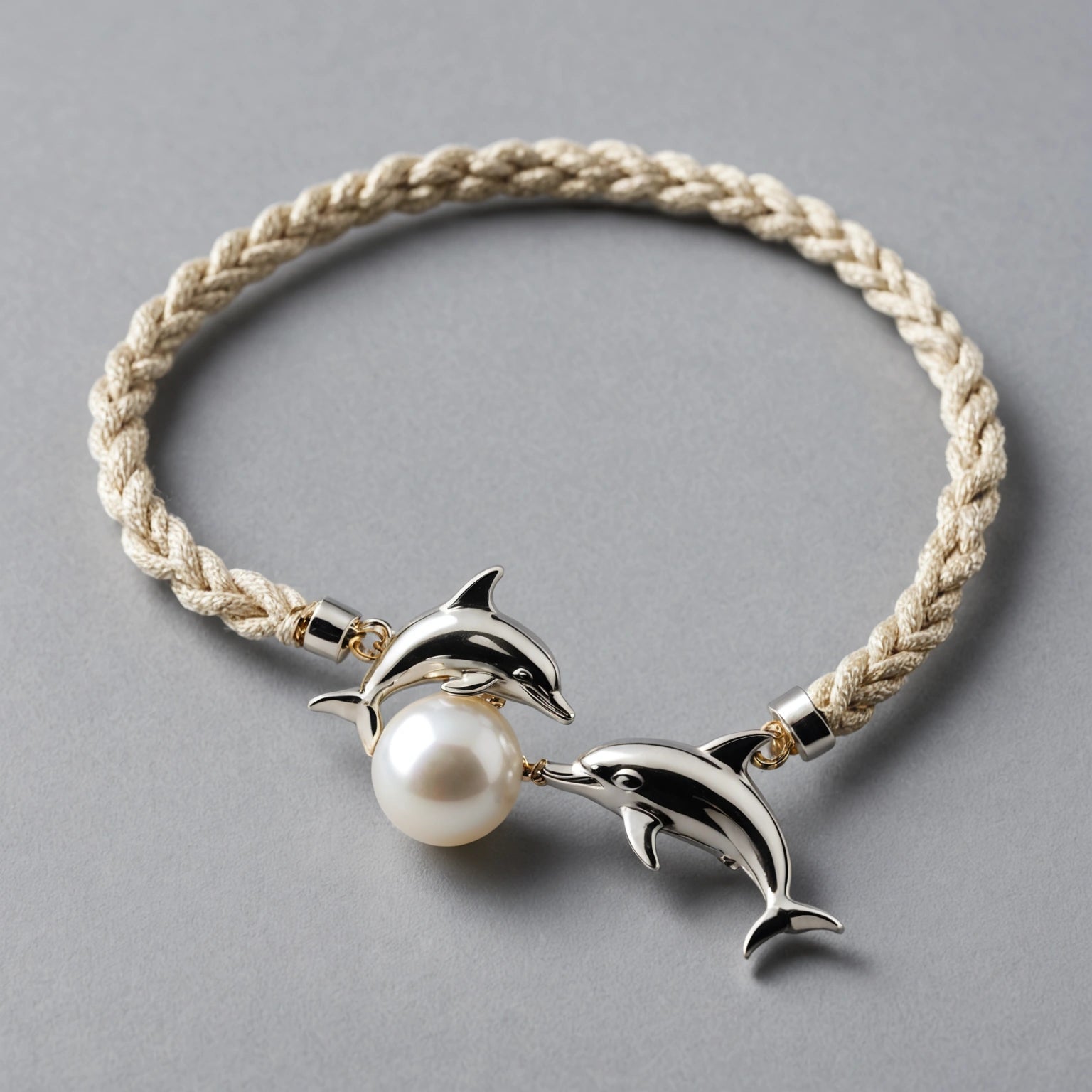 A silk rope bracelet with a dolphin motif and a pearl